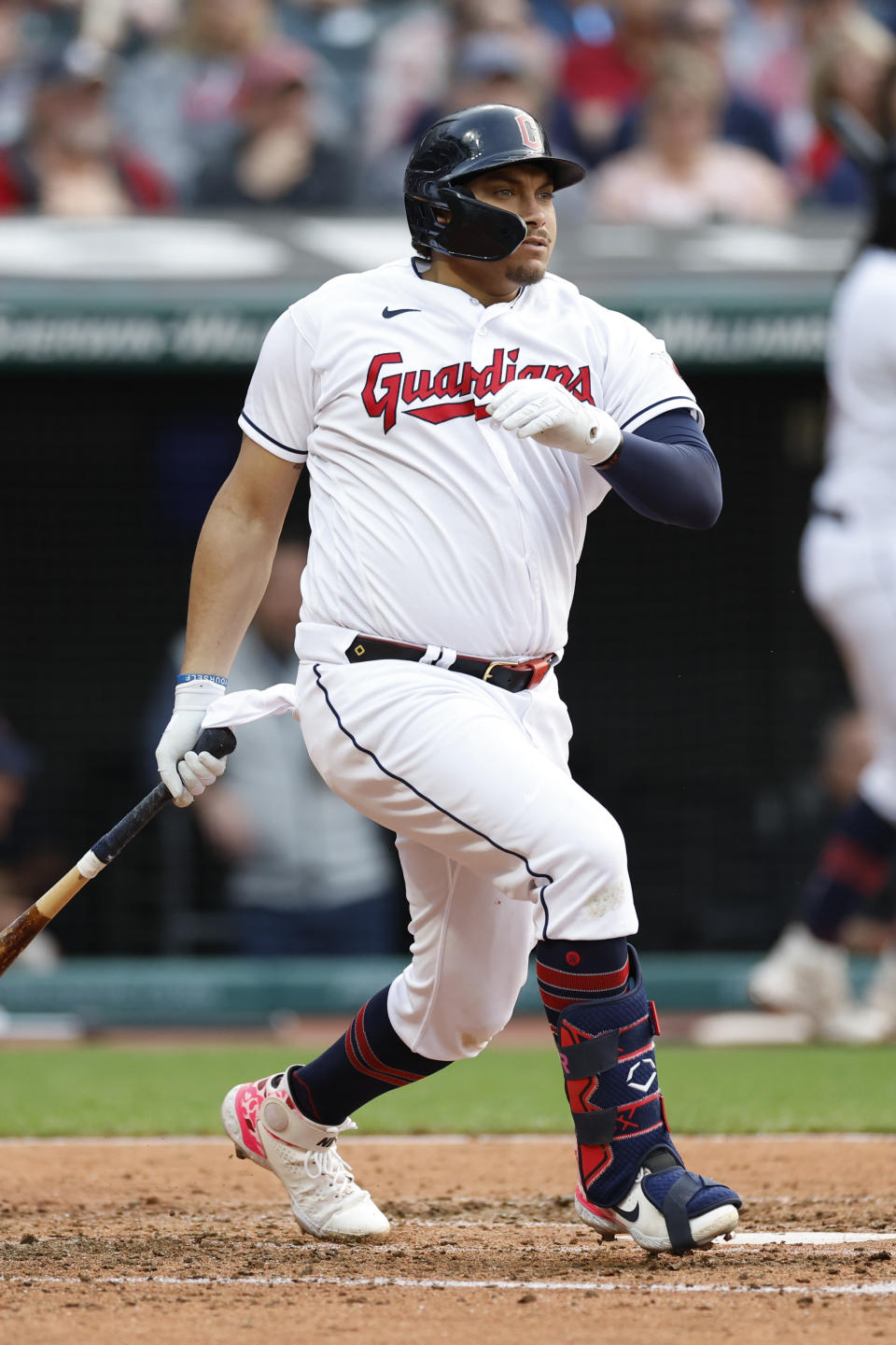 Cleveland Guardians' Josh Naylor watches his one-run double off Chicago White Sox starting pitcher Dylan Cease during the sixth inning of a baseball game, Tuesday, May 23, 2023, in Cleveland. (AP Photo/Ron Schwane)