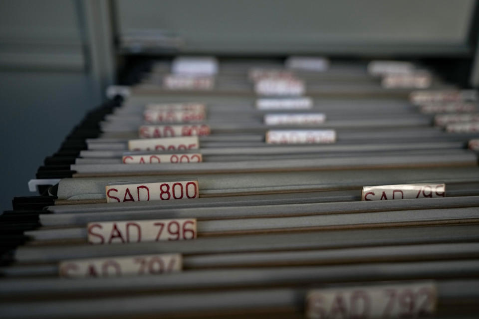 Folders that contain instances of human rights violations reported during the military dictatorship of Augusto Pinochet, fill a file cabinet drawer at the Documentation and Archive Foundation of the Vicariate of Solidarity, in Santiago, Chile, Tuesday, July 25, 2023. The documents were gathered between 1976 and 1992 by workers of the Vicariate of Solidarity, a human rights organization founded by Chilean Cardinal Raúl Silva Henríquez. (AP Photo/Esteban Felix)