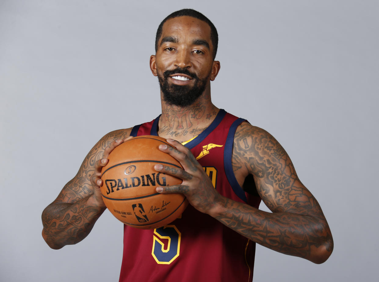 Cleveland Cavaliers' J.R. Smith (5) poses for a portrait during the NBA basketball team's media day, Monday, Sept. 24, 2018, in Independence, Ohio. (AP Photo/Ron Schwane)