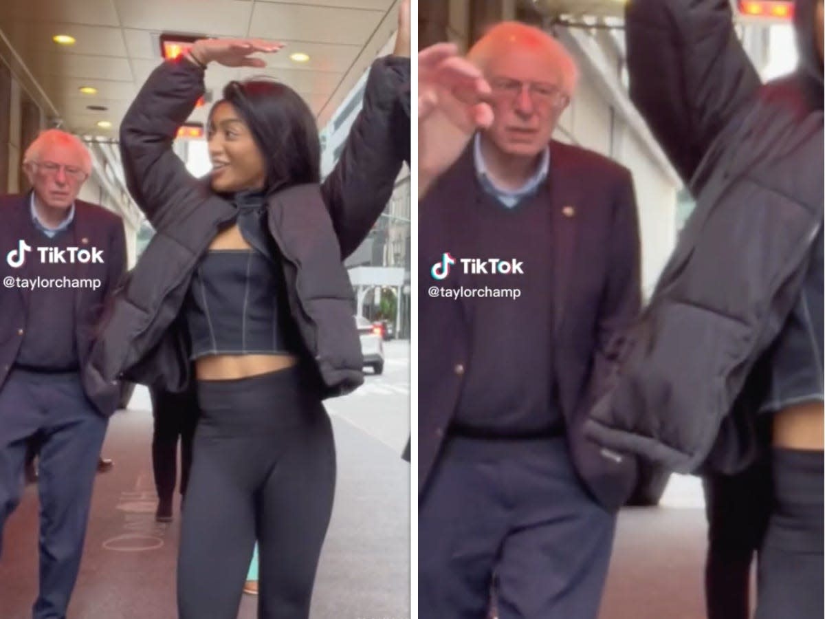 composite image of screenshots showing a woman dancing and Bernie Sanders behind her