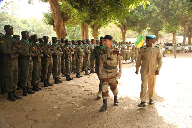 Malian Army Chief of Staff General Mahamane Toure (R) and French Army Chief of Staff General Pierre de Villiers (C) review troops in Bamako on February 27, 2014