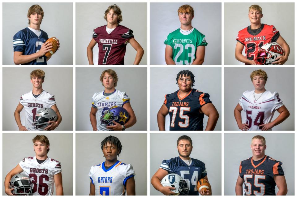 Top row, left to right: Aydin Stimpert, Fieldcrest; Logan Carruthers, Princeville; Mason Boles, Eureka; and Brent Denniston, Deer Creek-Mackinaw. Middle row, left to right: Ryan Adler, Illinois Valley Central; Jack Wheelwright, Farmington; Aaron Brown, Elmwood/Brimfield; and Jacob Balsimo, Tremont. Bottom row, left to right: Connor Buchanan, IVC; Terry Broadway, Peoria Quest; Brady Ruestman, Fieldcrest; and Elijah Davis, Elmwood/Brimfield.