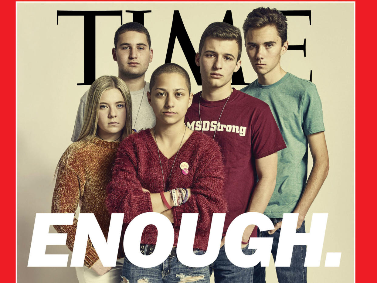 Marjory Stoneman Douglas High School students Jaclyn Corin, Alex Wind, Emma González, Cameron Kasky and David Hogg appear on Time's cover for a story about young people driving the gun control debate: TIME