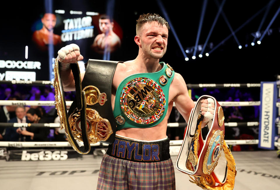 Josh Taylor celebrate victory in the junior welterweight bout against Jack Catterall in the at the OVO Hydro, Glasgow. Picture date: Saturday February 26, 2022. (Photo by Steve Welsh/PA Images via Getty Images)