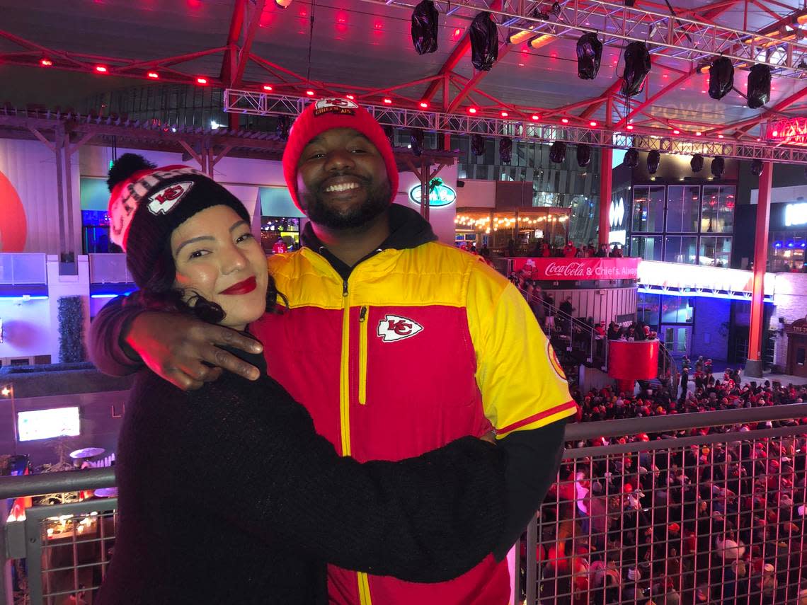 Katina Davis, 30, and her husband, Doninique Davis, 32, of Kansas City, celebrate at KC Live! after the Chiefs clinched the AFC championship title Sunday.