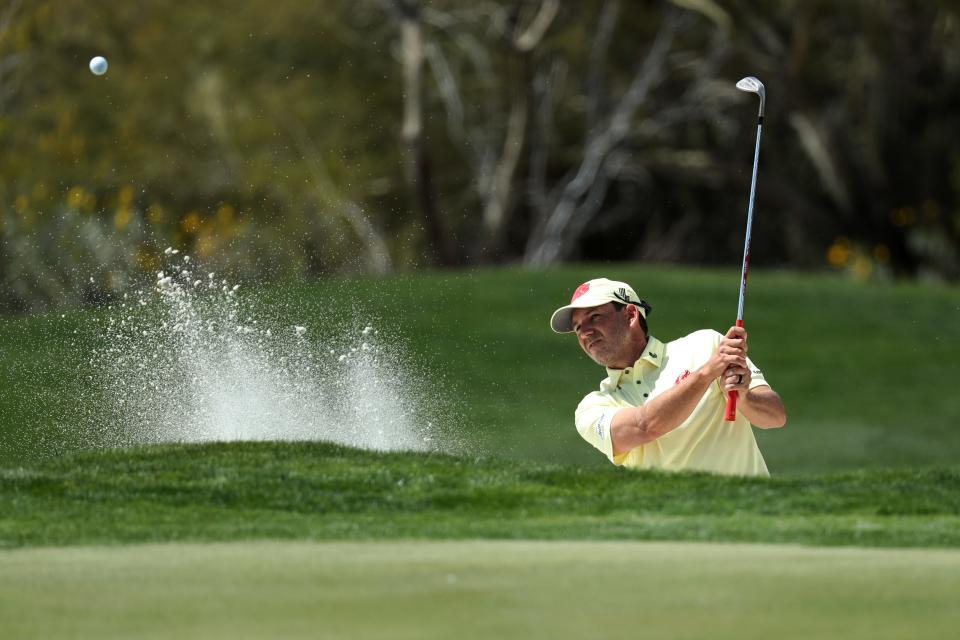 Mar 17, 2023; Tucson, Arizona, USA; Sergio Garcia hits from the bunker of the 10th hole during the first round of the LIV Golf event at The Gallery Golf Club. Mandatory Credit: Zachary BonDurant-USA TODAY Sports