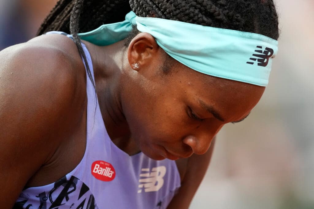 Coco Gauff of the U.S reacts as she plays Poland’s Iga Swiatek during their final match of the French Open tennis tournament at the Roland Garros stadium Saturday, June 4, 2022 in Paris. (AP Photo/Christophe Ena)