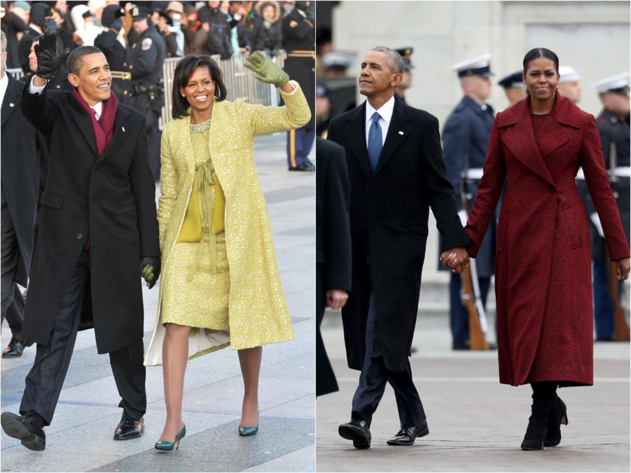 Side by side of the couple with Michelle in a yellow-green coat ensemble next to her in a dark red coat.