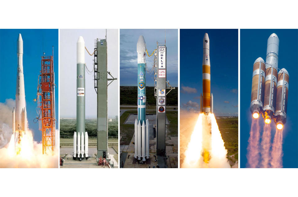 photo collage of five rockets on the platform, three of which are launched.