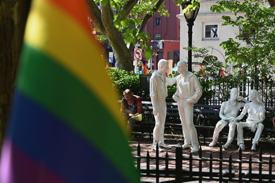 Rainbow flags and sculptures are seen at the Stonewall National Monument, the first LGBTQ national monument, dedicated to the birthplace of modern lesbian, gay, bisexual, transgender, and queer civil rights movement on June 4, 2019 in New York City.