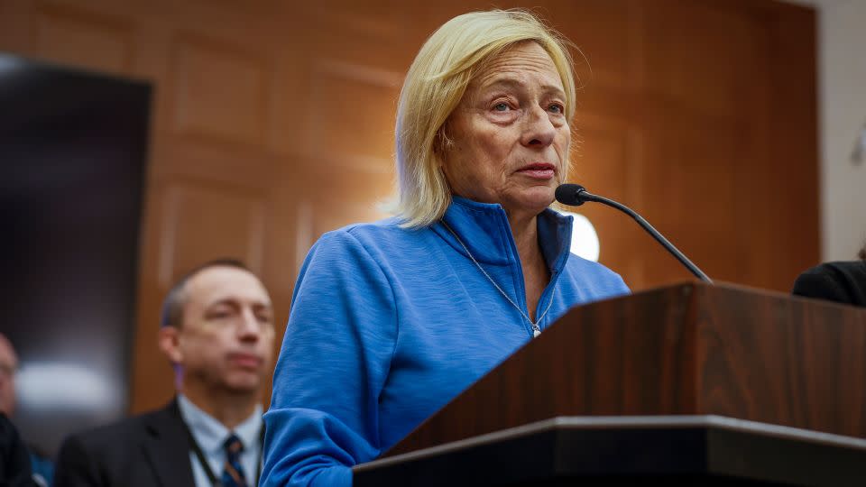Maine Governor Janet Mills addresses the news media on October 27 after authorities found the body of Robert Card. - Erin Clark/The Boston Globe/Getty Images