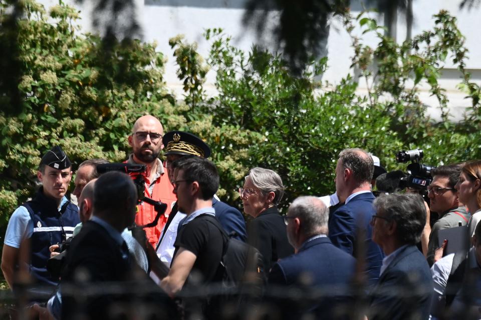 French prime minister Elisabeth Borne arrives at the Haute Savoie prefecture after a stabbing attack at the 'Jardins de l'Europe' parc in Annecy, French Alps, on 8 June (AFP via Getty Images)