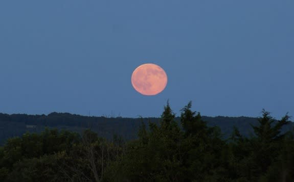 The Blue Moon full moon of July 2015 rises over the Ozarks near Ava, Missouri in this photo captured by skywatcher Debbie Wray.