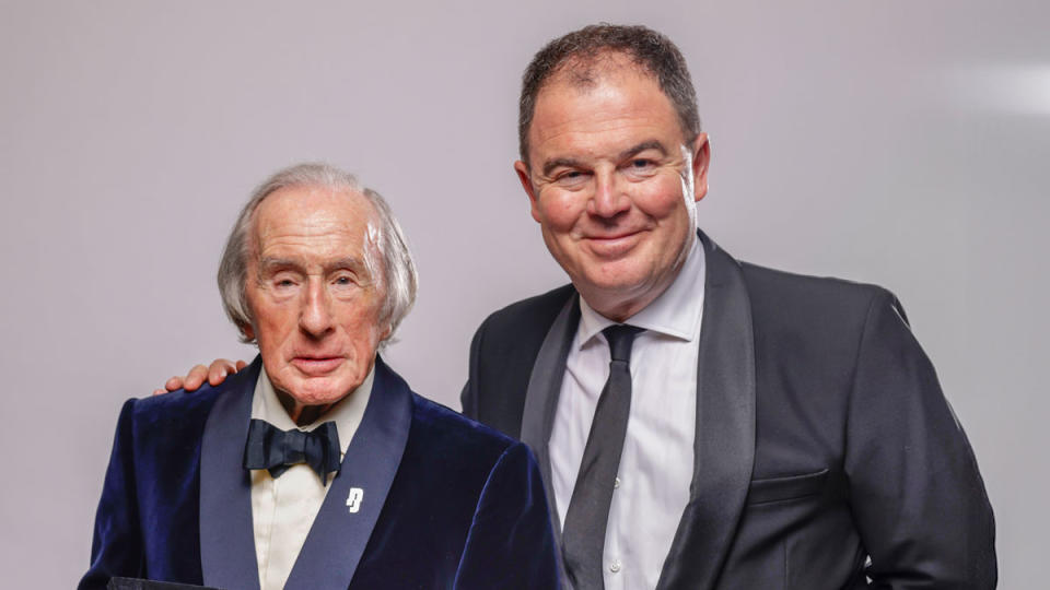 James Allen, motorsport broadcaster and author (right), with racing great Sir Jackie Stewart (left).