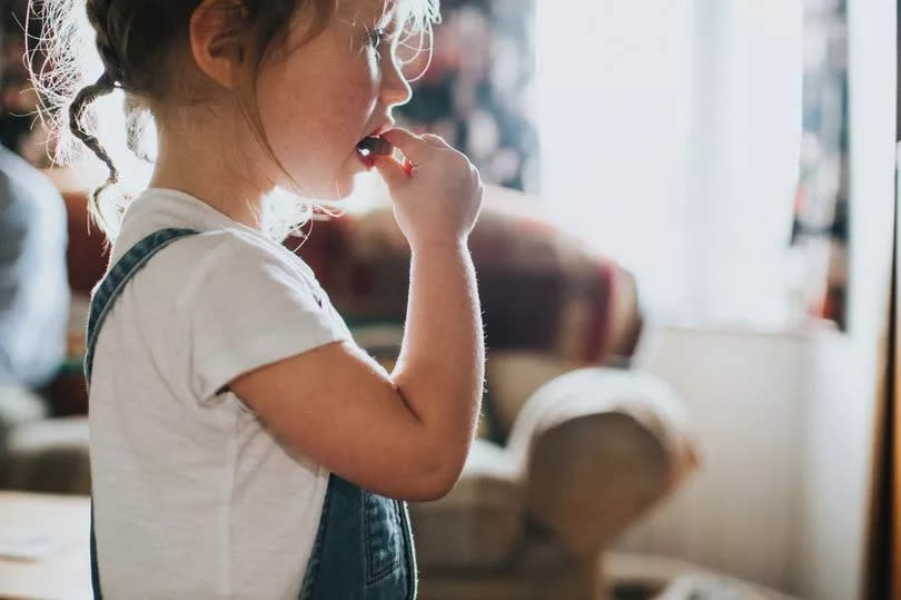 Young child eating a bit of chocolate.