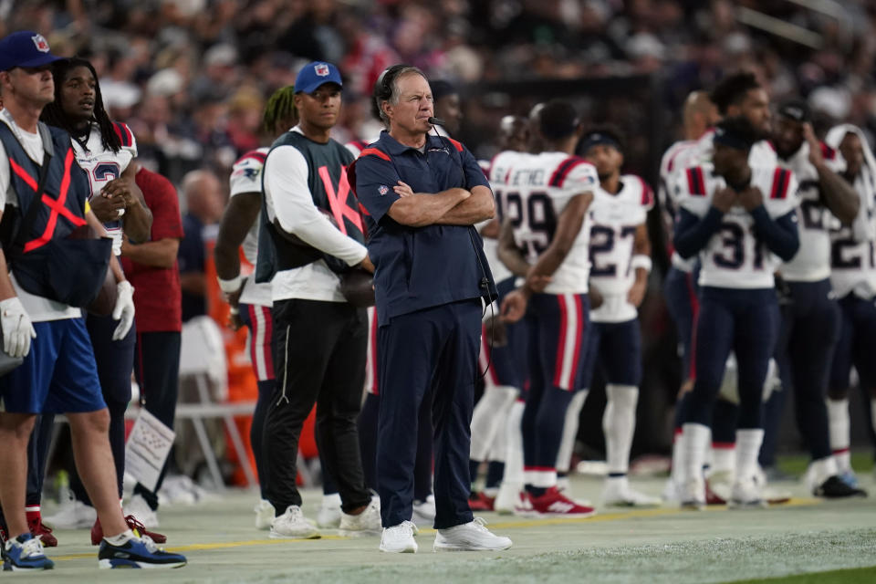 New England Patriots head coach Bill Belichick watches during the second half of an NFL preseason football game against the Las Vegas Raiders, Friday, Aug. 26, 2022, in Las Vegas. (AP Photo/Ashley Landis)