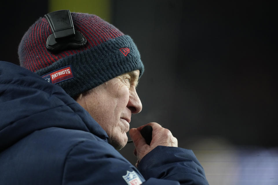 New England Patriots head coach Bill Belichick watches from the sideline during the second half of an NFL football game against the Denver Broncos, Sunday, Dec. 24, 2023, in Denver. (AP Photo/David Zalubowski)