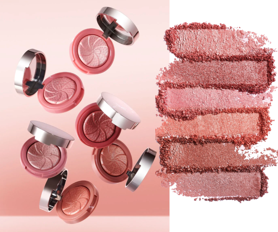 On the left, six compacts of the Glow-To blush are raised in the air against a pink background with powder swatches in vertical lines above one another on the right.