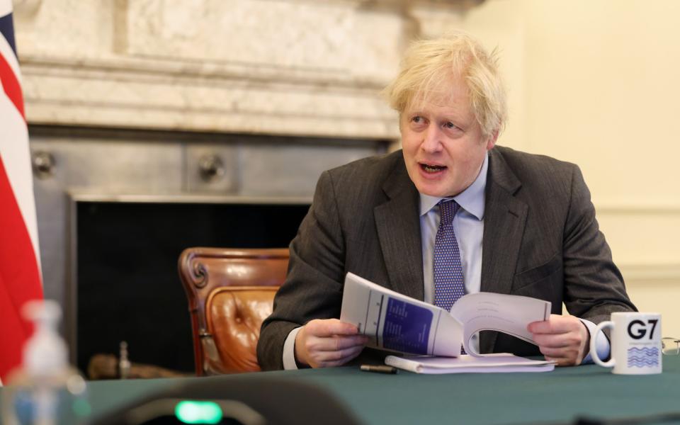 Prime Minister Boris Johnson virtually chairs the weekly Cabinet Meeting and uses a G7 mug - Pippa Fowles/No10 Downing Street