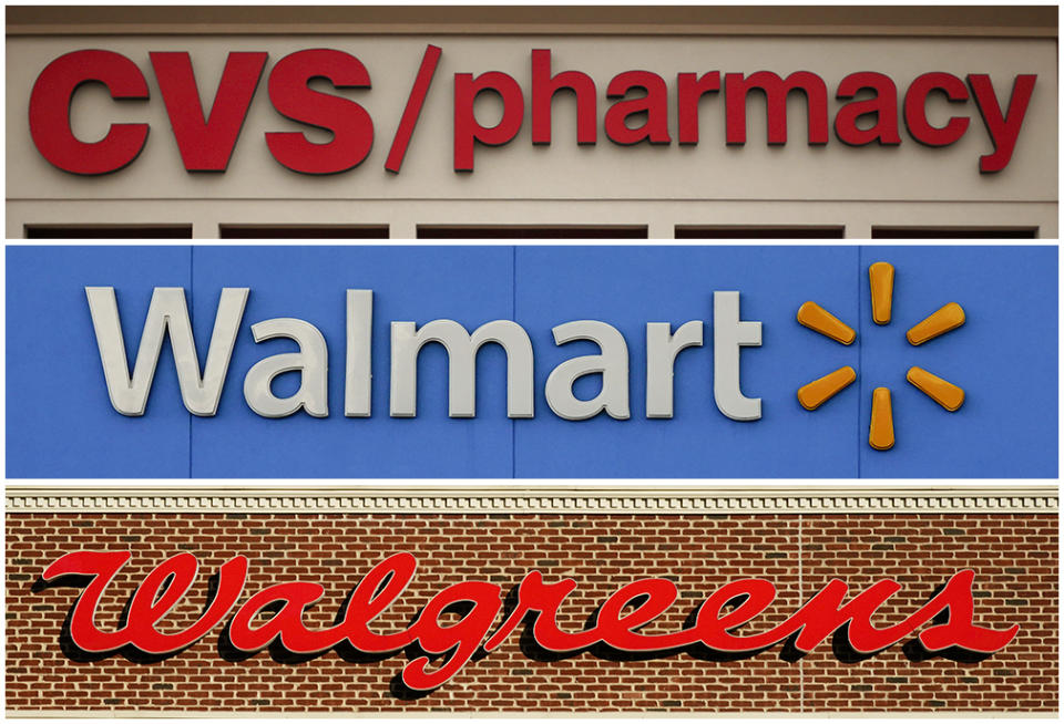 FILE - In this undated combination of photos shown are CVS, Walmart and Walgreens locations. A hearing will begin Tuesday, May 10, 2022, in federal court in Cleveland that will result in a judge determining how much CVSHealth, Walgreens Co. and Walmart Corp. should pay two northeast Ohio counties to help them abate the continuing opioid crisis. A jury in November 2021 concluded that the three pharmacy chains were responsible for damage wrought by the opioid epidemic in Lake and Trumbull counties. (AP Photo/File)