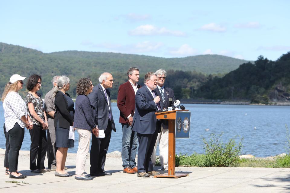 State Sen. Pete Harckham, joined by State Sen. James Skoufis, local lawmakers and advocates, calls on the Bridge Authority to install suicide prevention fencing to five bridges in the Hudson Valley, including the Bear Mountain Bridge, Sept. 14, 2023 in Peekskill.