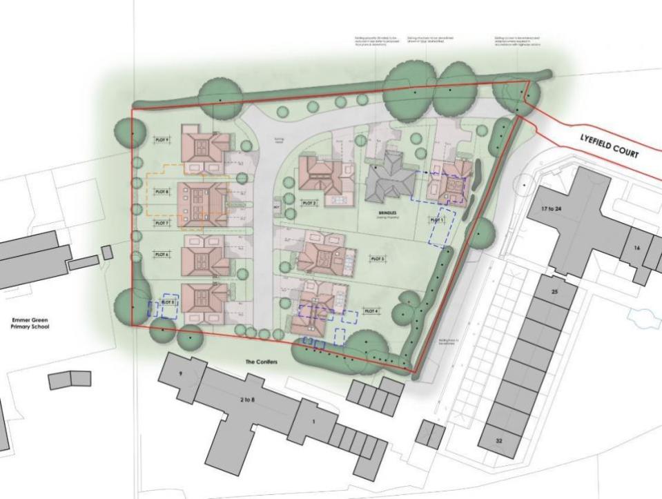 Reading Chronicle: The site layout for the plan for nine homes off Lyefield Court and Kidmore End Road in Emmer Green. Credit: Arktec