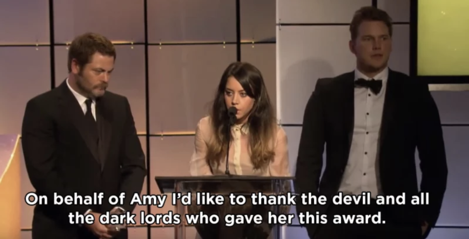 Aubrey thanking the devil and all the dark lords for the award on Amy's behalf