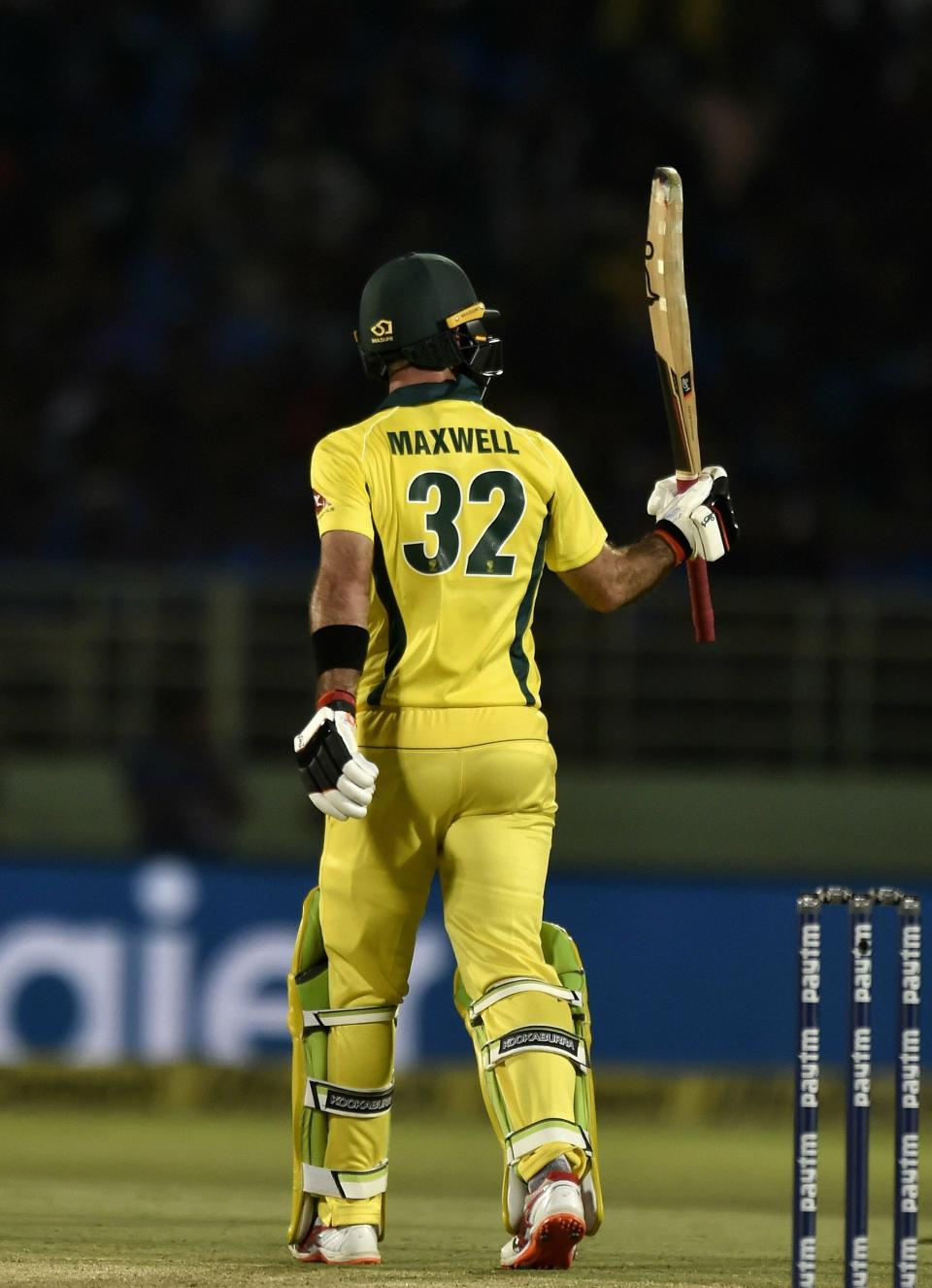 Vizag: Australia's Glenn Maxwell celebrating his half century against India during the first Twenty20 international cricket match between India and Australia at the Dr. YS Rajasekhara Reddy ACA–VDCA Cricket Stadium in Vizag, on Sunday, Feb. 24, 2019. (PTI Photo/R Senthil Kumar)(PTI2_24_2019_000249B)