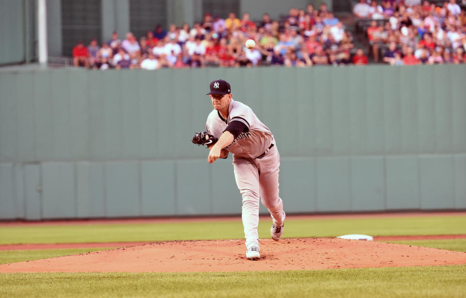 Jul 26, 2019; Boston, MA, USA; New York Yankees starting pitcher James Paxton (65) pitches during the first inning against the Boston Red Sox at Fenway Park. Mandatory Credit: Bob DeChiara-USA TODAY Sports