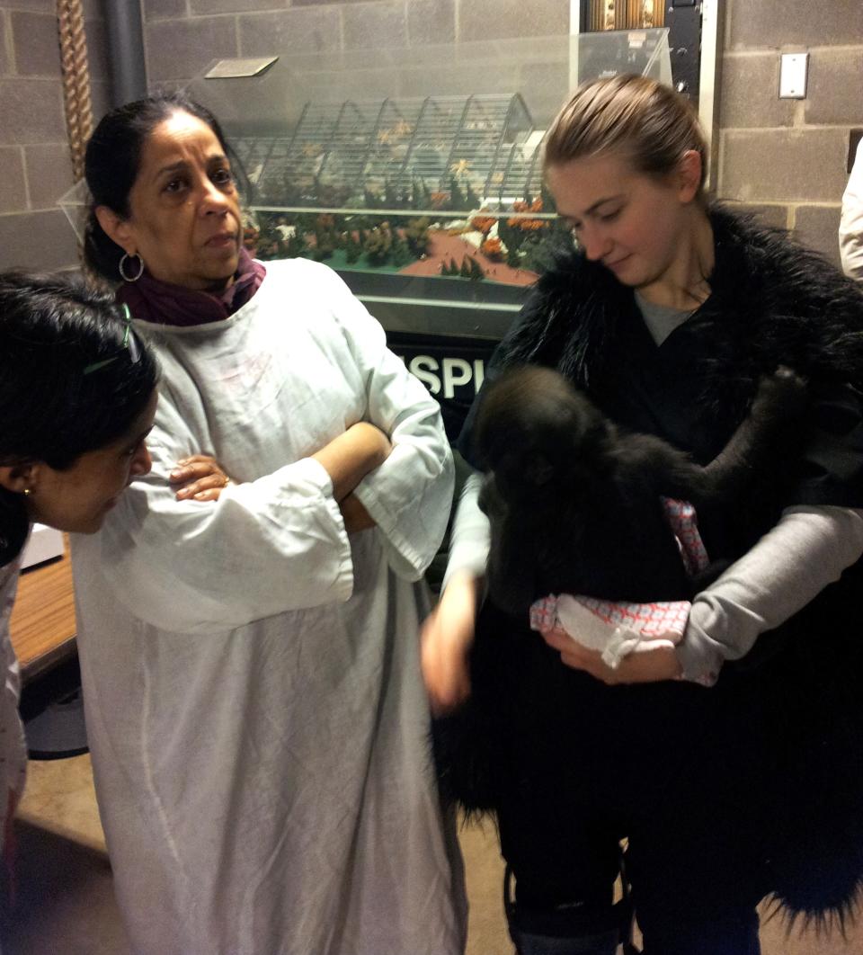 Dr. Uma Kotagal, longtime neonatologist with Cincinnati Children’s and now a professor emrita, assists with Gladys, a young lowland gorilla at the Cincinnati Zoo & Botanical Garden. Kotagal has a history with the zoo helping gorillas as needed. At left is her daughter, Dr. Meera Kotagal, a Cincinnati Children's pediatric surgeon who's also helping gorillas.