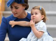 <p>Will and Kate need to watch out; their baby girl has a liking for shiny things. Upon the <a href="https://www.townandcountrymag.com/society/tradition/a7960/royal-family-canada-tour/" rel="nofollow noopener" target="_blank" data-ylk="slk:family's arrival in Canada;elm:context_link;itc:0;sec:content-canvas" class="link ">family's arrival in Canada</a>, all Charlotte seemed to care about was the diamond maple leaf brooch her mommy borrowed from Queen Elizabeth II.</p>