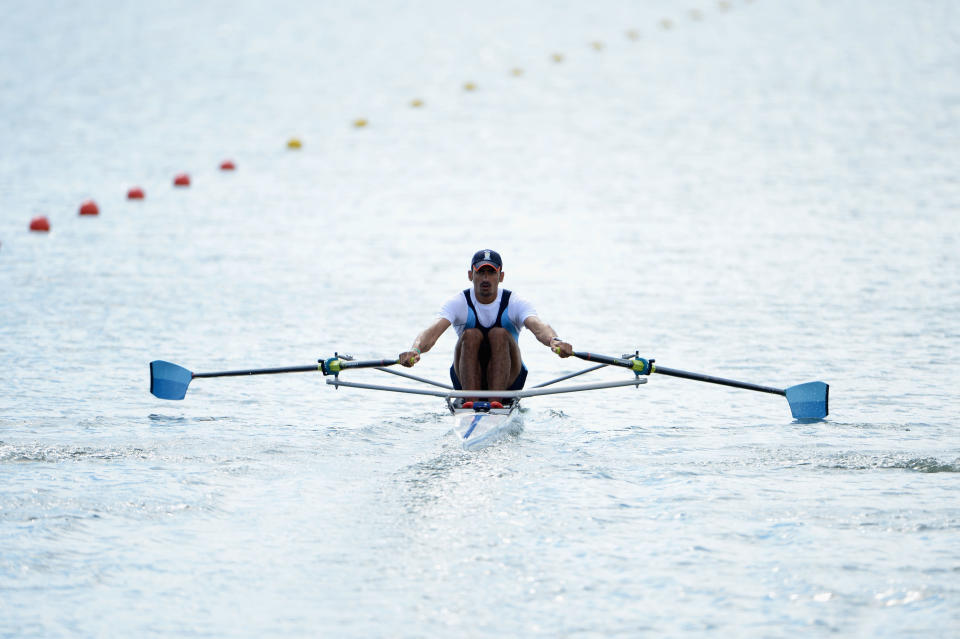WINDSOR, ENGLAND - JULY 29: Sawarn Singh of India competes in the Men's Single Sculls repechage on Day 2 of the London 2012 Olympic Games at Eton Dorney on July 29, 2012 in Windsor, England. (Photo by Harry How/Getty Images)