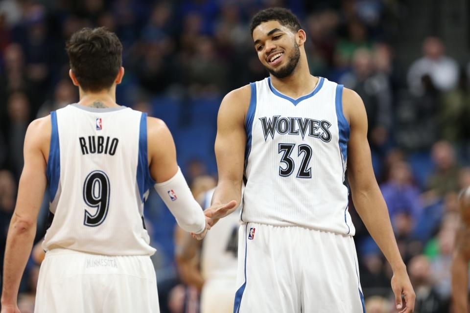 Ricky Rubio gave Karl-Anthony Towns and Wolves fans everywhere plenty to smile about on Monday. (Getty Images)