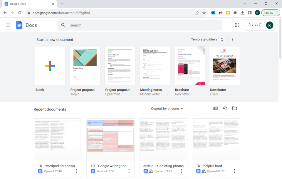 A screenshot of the Google Docs starting screen.