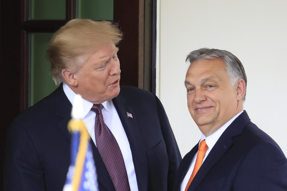 FILE - President Donald Trump welcomes Hungarian Prime Minister Viktor Orban to the White House in Washington, on May 13, 2019. Orbán, will travel to Florida on Thursday July 11, 2024 to meet with former President Donald Trump following a NATO summit in Washington, a move likely to aggravate frustrations among his partners in the European Union over similar secretive trips he made to Russia and China in recent days. (AP Photo/Manuel Balce Ceneta, File)