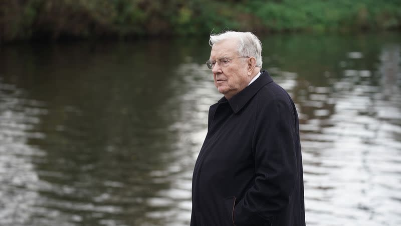 President M. Russell Ballard, acting president of the Quorum of the Twelve Apostles of The Church of Jesus Christ of Latter-day Saints, stands by the Trent River in Nottingham, England, on Oct. 28, 2021. Ballard walked along the river as a young missionary in 1949 and received a spiritual witness of being on the Lord’s errand at that time. Ballard died on Sunday. Nov. 12, 2023, at the age of 95.