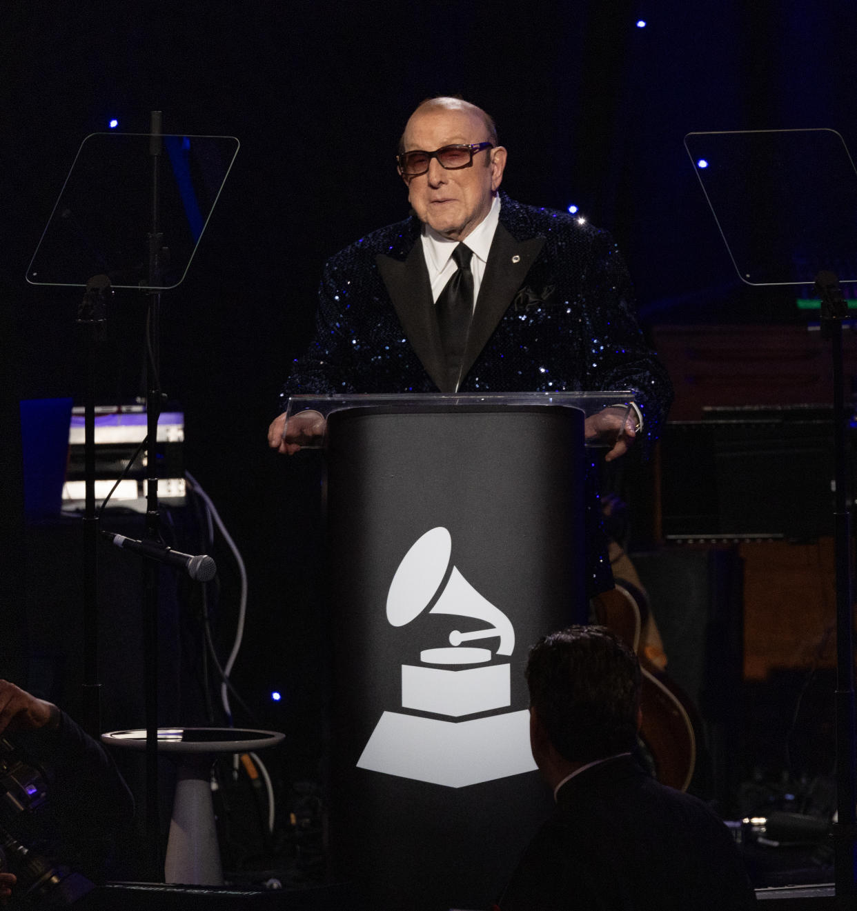 BEVERLY HILLS, CA - FEBRUARY 3, 2024: Clive Davis introduces performers  during the 66th Grammy Awards Pre-Grammy Gala at the Beverly Hilton on February 3, 2024 in Beverly Hills, California.(Gina Ferazzi / Los Angeles Times via Getty Images)