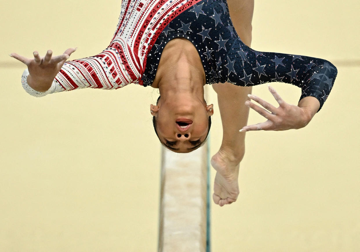 Sunisa Lee of United States in action on the Balance Beam during the Artistic Gymnastics - Women's Team Final  on July 30, 2024. (Dylan Martinez/Reuters)