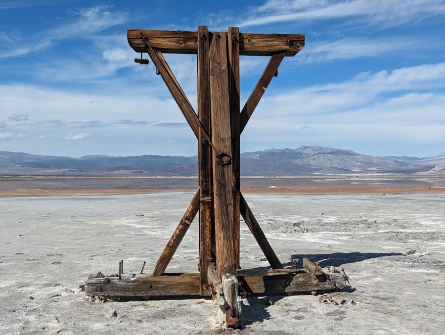 <em>The Saline Valley Salt Tram tower in Death Valley before being damaged. (Credit: NPS)</em>
