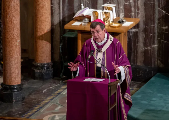 Detroit Archbishop Allen Vigneron speaks to parishioners during an Ash Wednesday Mass at St. Aloysius Church in downtown Detroit on February 17, 2021.