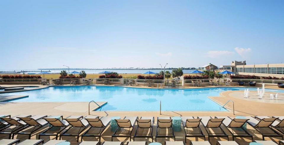 The swimming pool at Harrah’s Gulf Coast in Biloxi is heated year-round and overlooks the Biloxi beach,