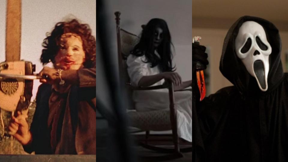 leatherface, a witch from the conjuring, and ghostface in split image for horror movies based on true stories