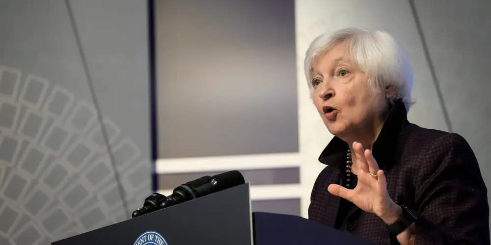 US-Finanzministerin Janet Yellen spricht während einer Pressekonferenz anlässlich der Jahrestagung des IWF und der Weltbank am Hauptsitz des IWF, 14. Oktober 2022 in Washington, DC. - Copyright: Drew Angerer/Getty Images