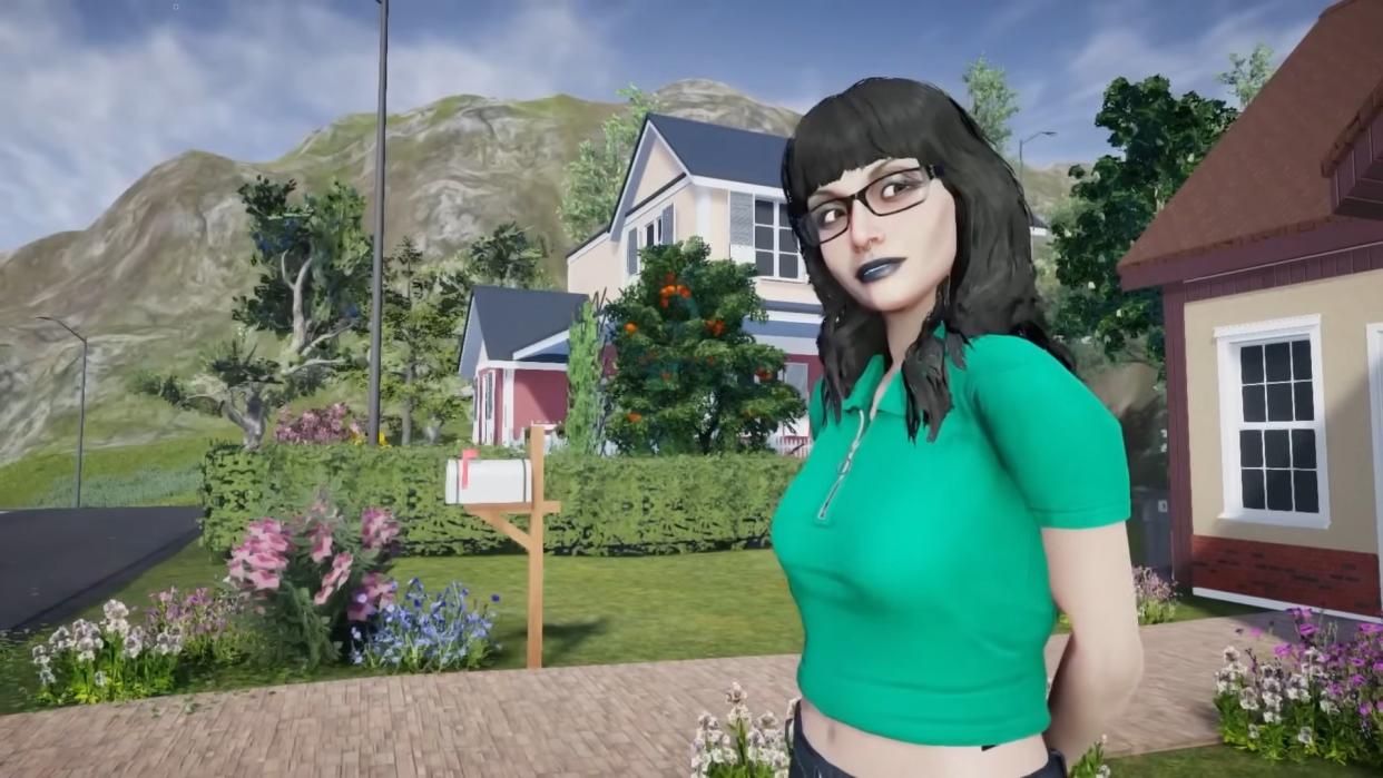  Life By You - a character with long dark hair, glasses, and a green shirt stands on a suburban street. 