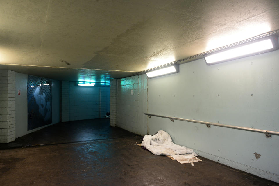 Bedding and possessions belonging to Jimmy, aged 51, lie in the subway near Waterloo in London, Britain, December 17, 2017. REUTERS/Mary Turner  SEARCH "TURNER HOMELESS" FOR THIS STORY. SEARCH "WIDER IMAGE" FOR ALL STORIES.