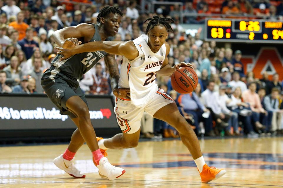 Auburn forward Isaac Okoro is pressured by Iowa State guard Terrence Lewis during the second half Jan. 25, 2020 in Auburn, Ala.