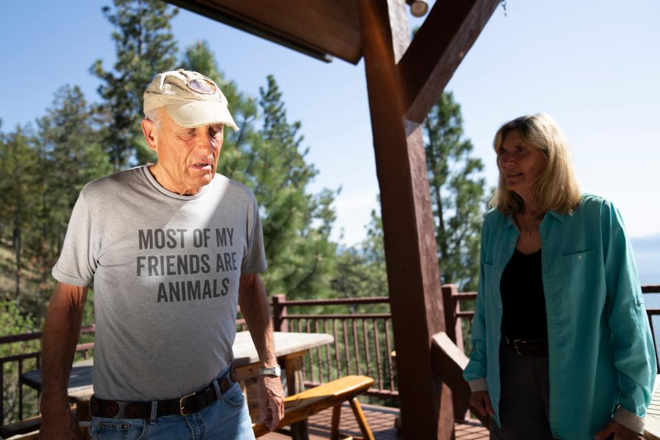 Suzi Hanna tries to rehearse with her husband, Jack, for a video recording of a happy birthday message to their granddaughter on May 2. Jack was diagnosed with  Alzheimer’s in October 2019 and the family moved to their home in Bigfork, Mont. permanently a couple years later, after his retirement from the Columbus Zoo.