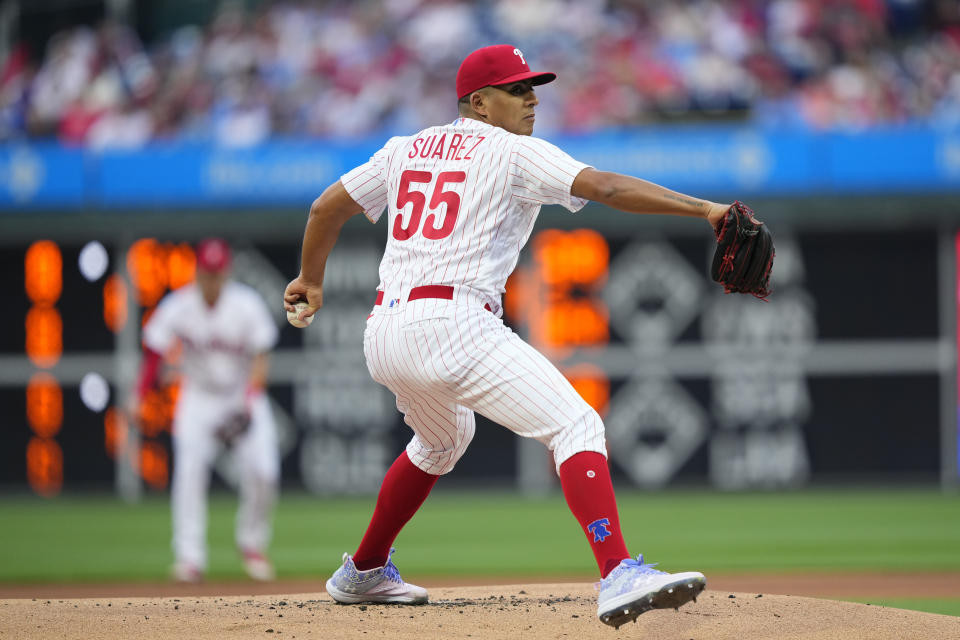 Philadelphia Phillies' Ranger Suarez pitches during the first inning of a baseball game against the Los Angeles Dodgers, Friday, June 9, 2023, in Philadelphia. (AP Photo/Matt Rourke)