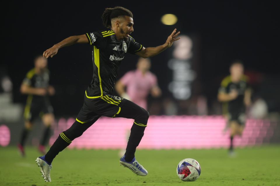 Jul 4, 2023; Fort Lauderdale, Florida, USA; Columbus Crew SC defender Mohamed Farsi (23) runs with the ball during the second half against the Inter Miami at DRV PNK Stadium. Mandatory Credit: Sam Navarro-USA TODAY Sports