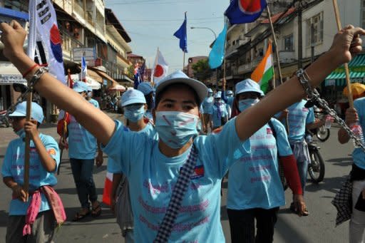 Cambodian demonstrators in Phnom Penh on Monday. Cambodian government spokesman Ek Tha rejects suggestions that campaigners or protesters were at risk